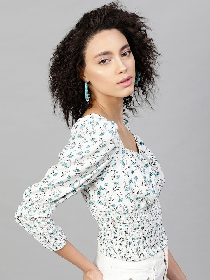 STREET 9 White Printed Sweetheart Neck Puff Sleeves Crepe Top