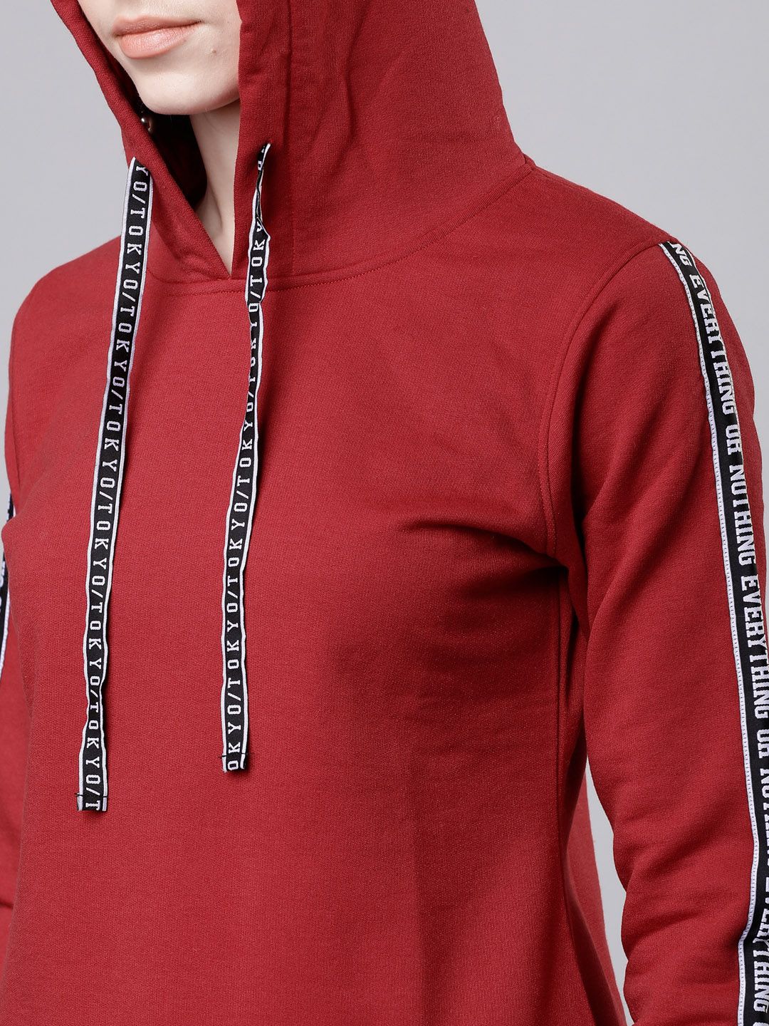 Tokyo Talkies Women Red Solid Hooded Sweatshirt