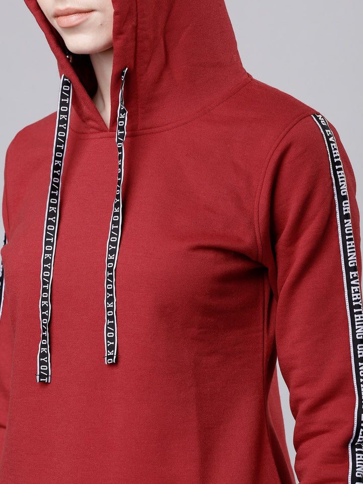 Tokyo Talkies Women Red Solid Hooded Sweatshirt