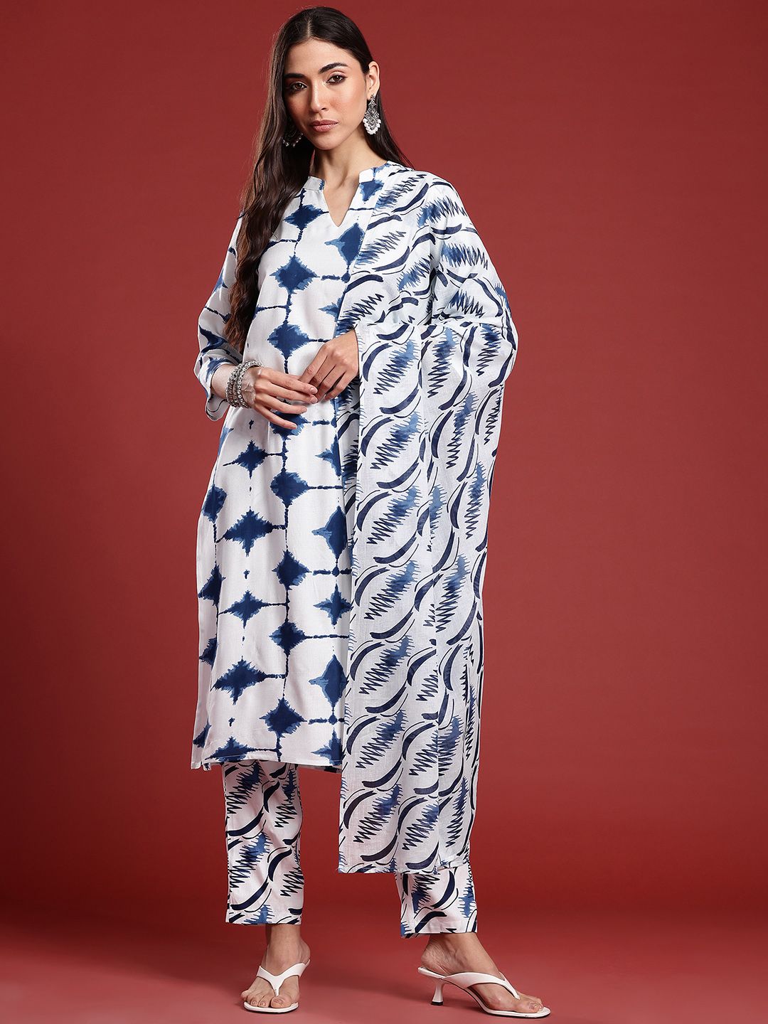 Anouk Tie & Dye Band Collar Straight Kurta with Trousers & Dupatta