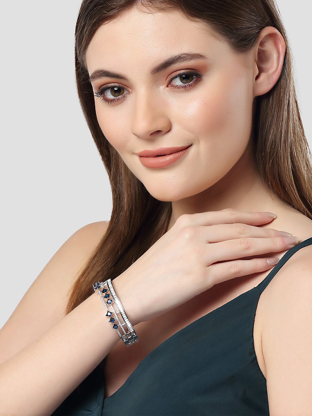 KARATCART Silver-Plated Blue American-Diamond Studded Bangle