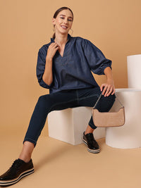 STREET 9 Puff Sleeved Cotton Denim Top