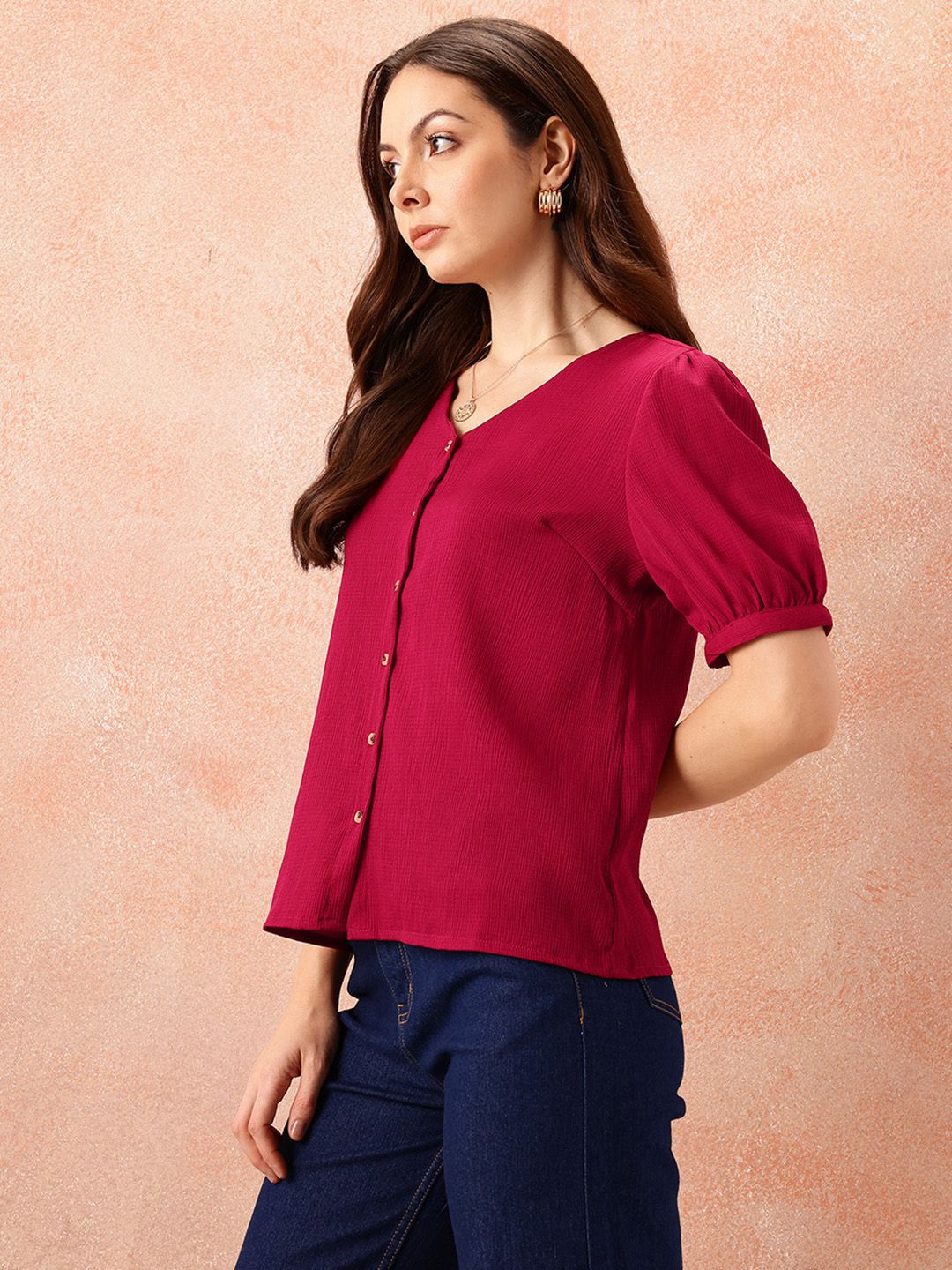 all about you Textured Puff Sleeves Top