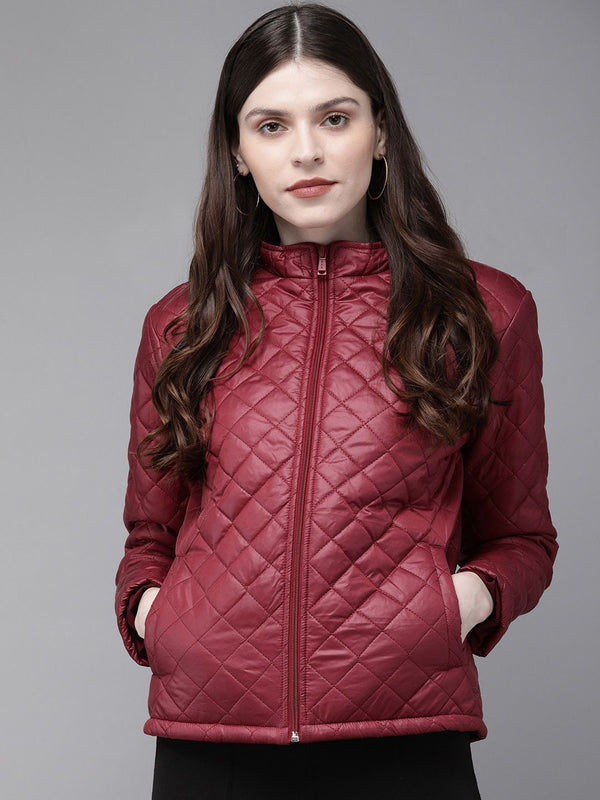 SASSAFRAS Women Maroon Solid Quilted Hooded Jacket