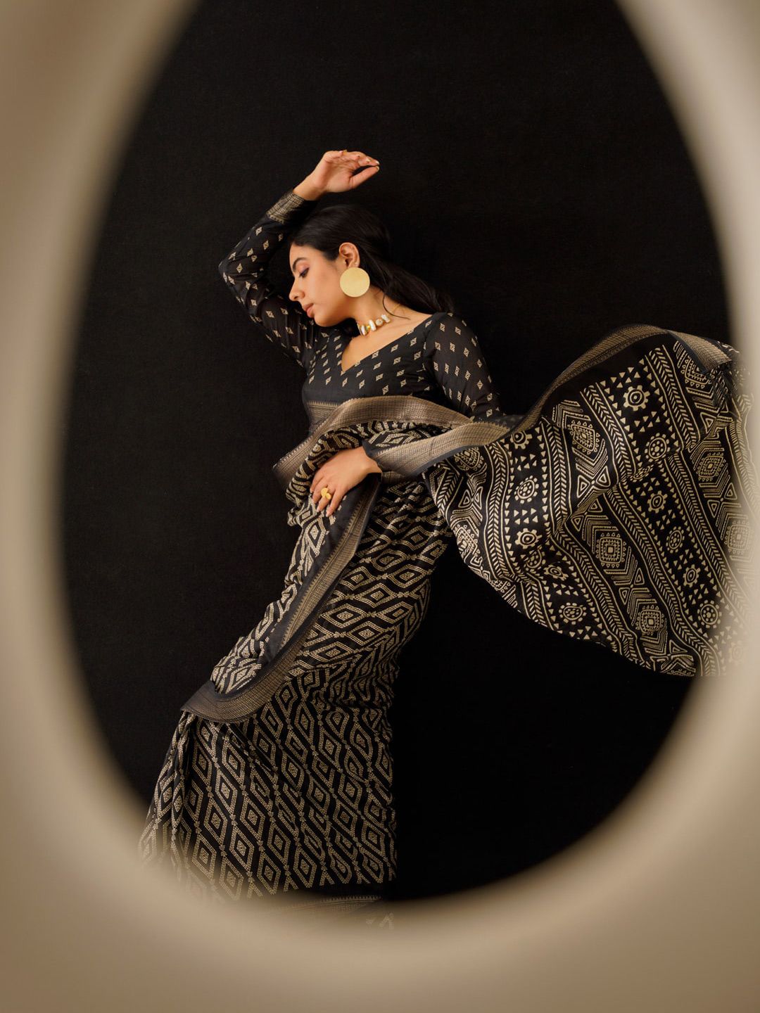 Tikhi Imli Black & Gold Geometric Printed Ready To Wear Saree