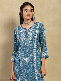 House of Chikankari Women Dark Blue Mulmul Chikankari Embroidered Kurta