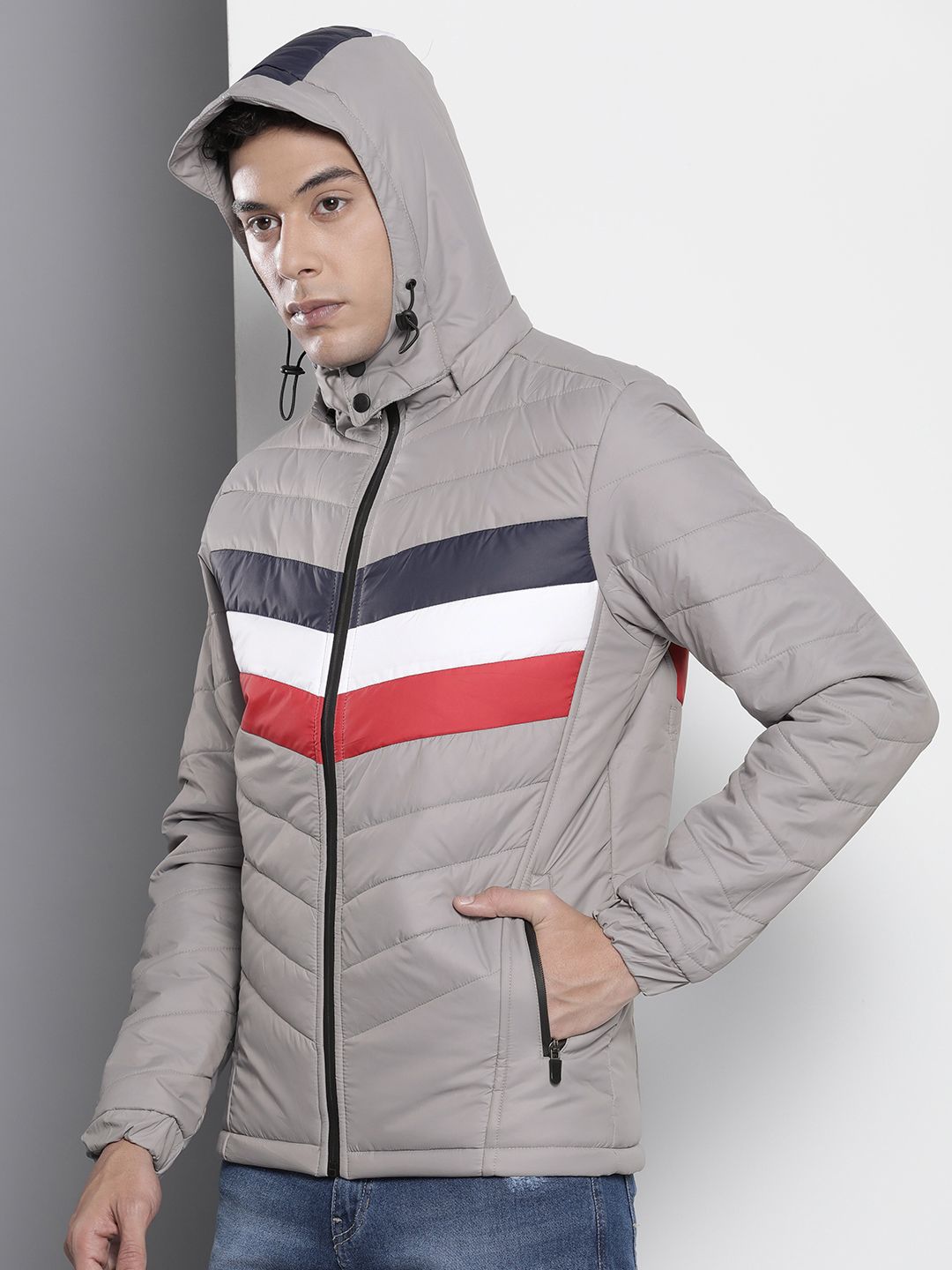 The Indian Garage Co Men Colourblock Puffer Jacket with Detachable Hood