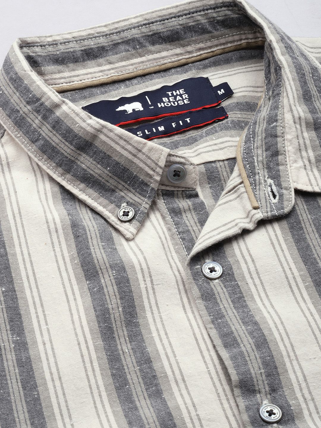 THE BEAR HOUSE Men Beige & Grey Slim Fit Striped Cotton Casual Shirt
