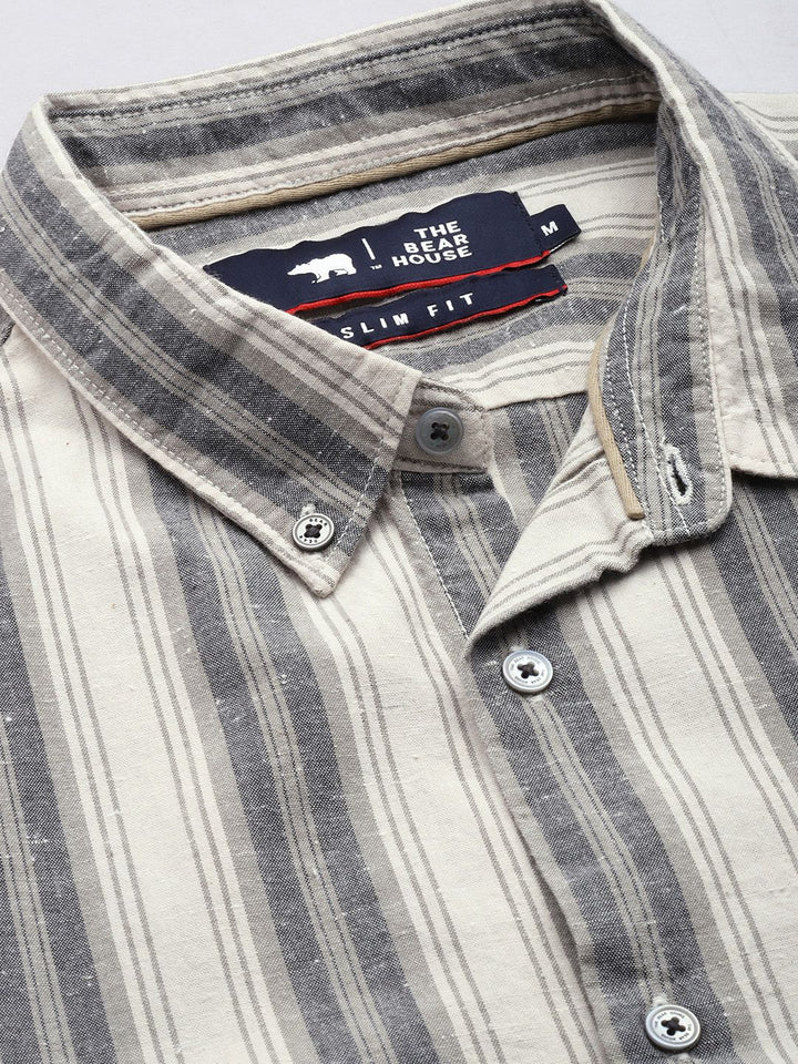 THE BEAR HOUSE Men Beige & Grey Slim Fit Striped Cotton Casual Shirt
