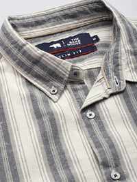 THE BEAR HOUSE Men Beige & Grey Slim Fit Striped Cotton Casual Shirt
