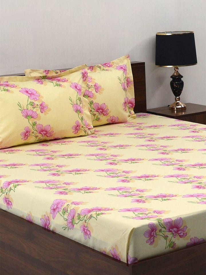 BOMBAY DYEING Pink & Beige Floral Pure Cotton 140 TC Queen Bedsheet Set 2.28 x 2.54 Mts