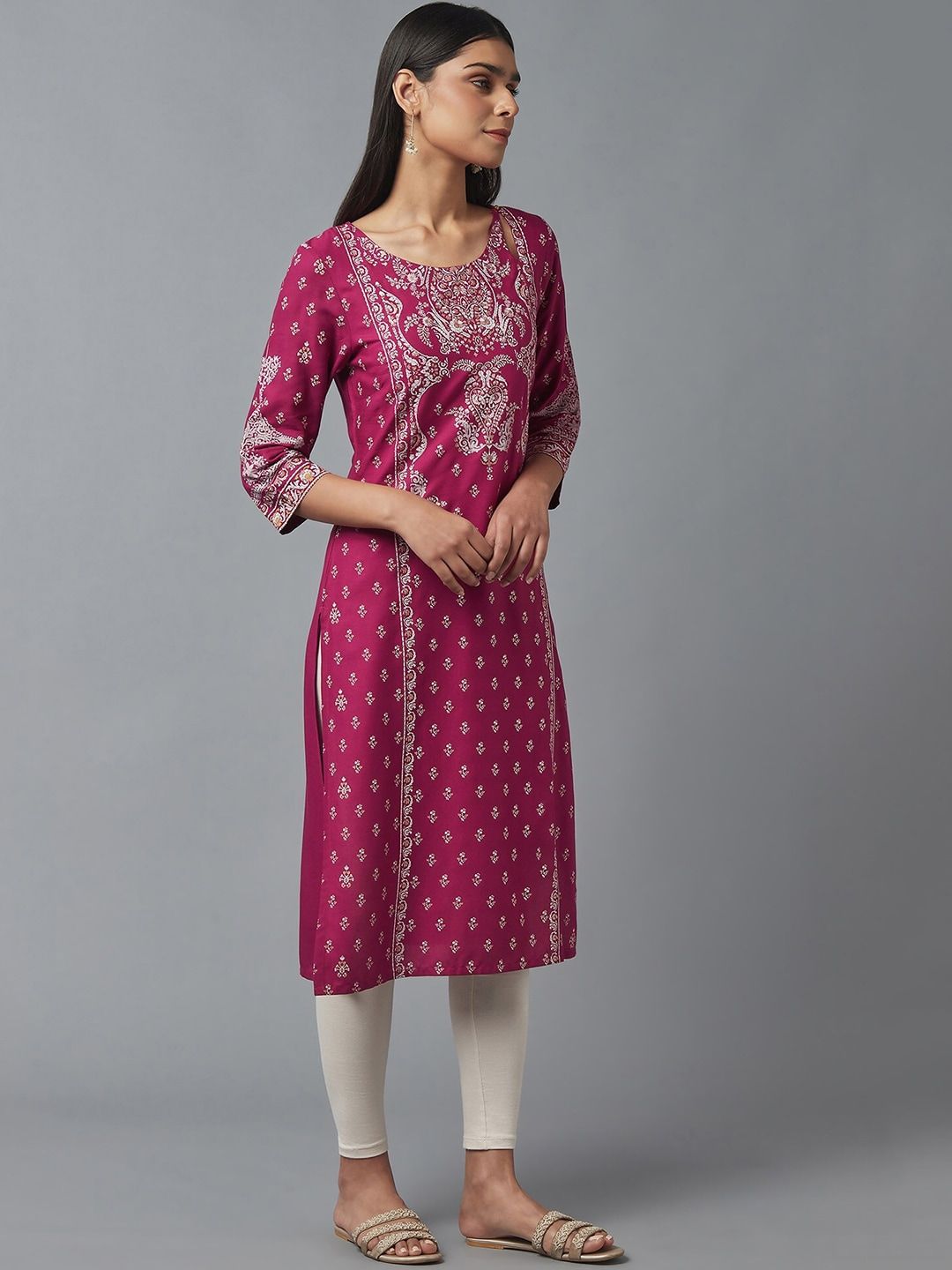 W Women Pink & White Ethnic Printed Kurta