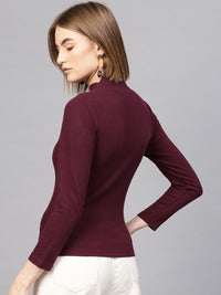 SASSAFRAS Burgundy High Neck Ribbed Top