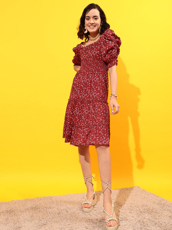 STREET 9 Puff Sleeves Tiered Georgette A-Line Dress