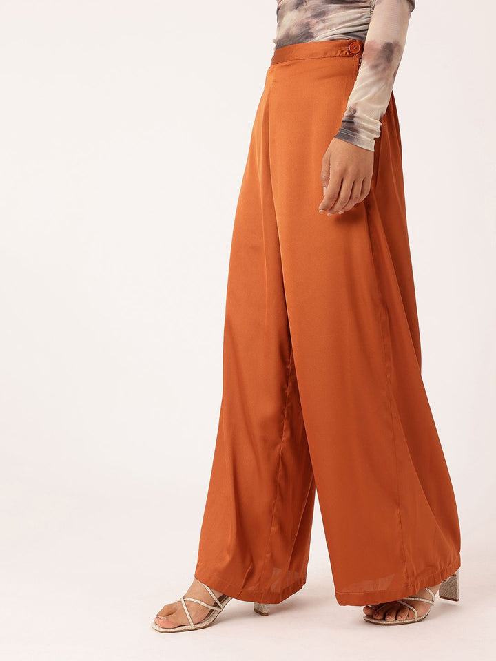 DressBerry Women Burnt Orange Glossy Grace Wide Leg Trousers