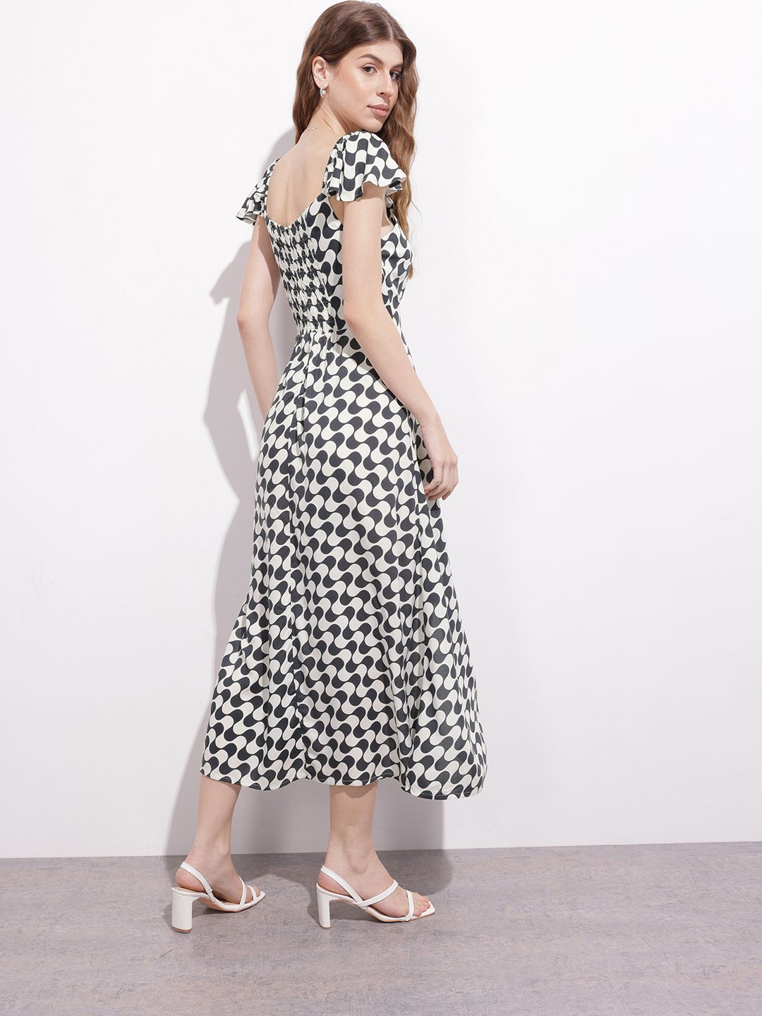 DressBerry Monochrome Maze Ruffled A-Line Midi Dress