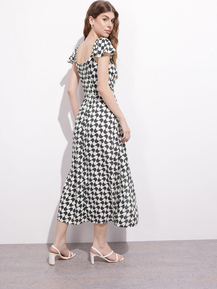 DressBerry Monochrome Maze Ruffled A-Line Midi Dress