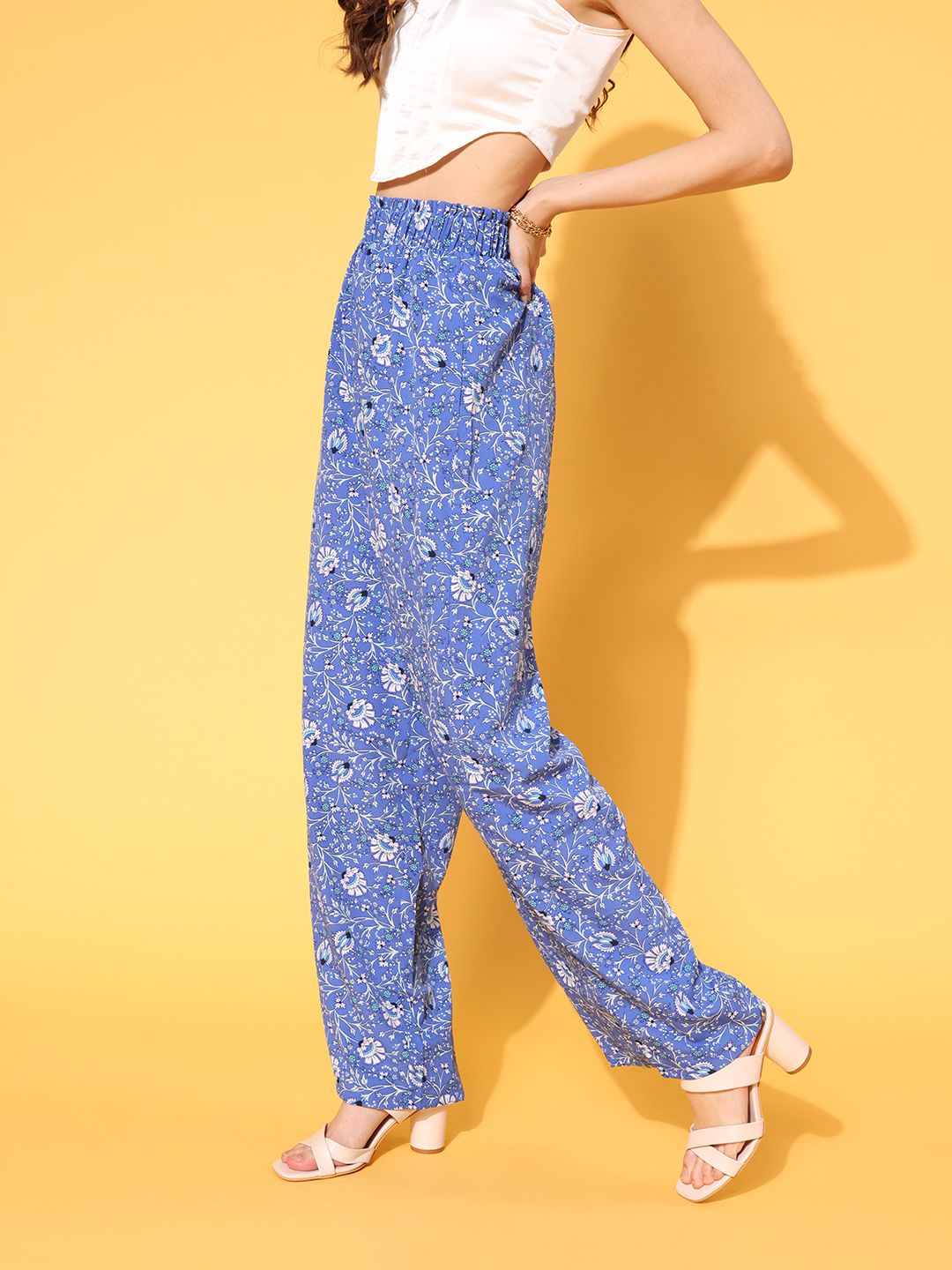 Berrylush Women Elegant Blue Floral Roman Column Trousers