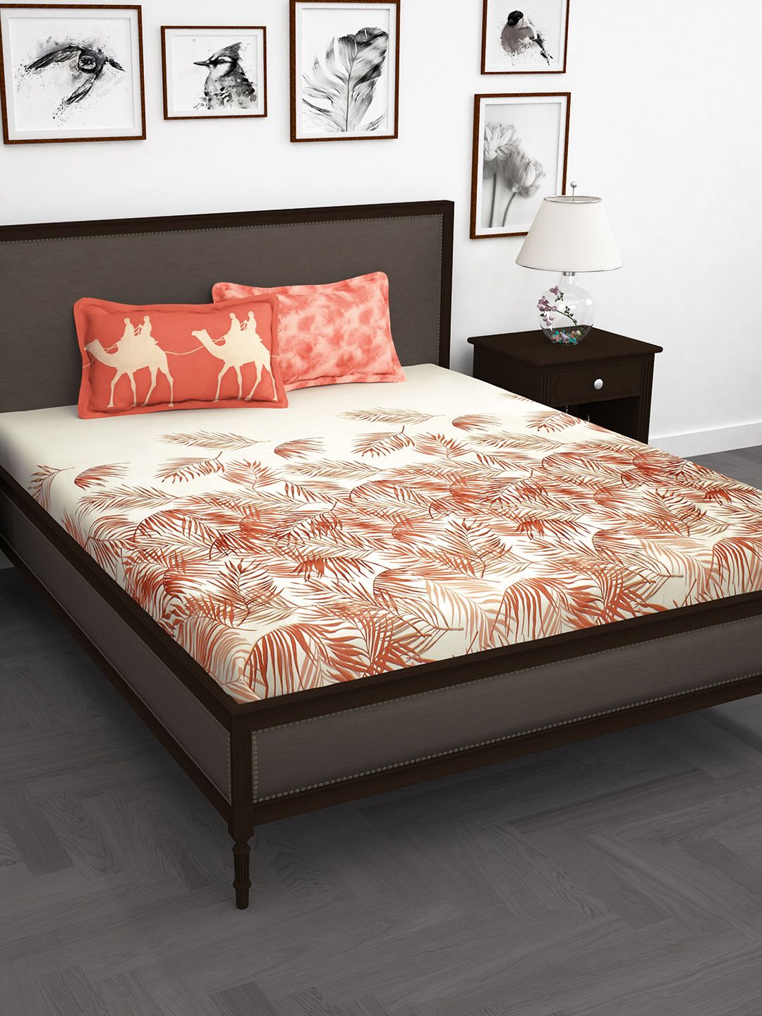 Story@home Cream-Coloured Abstract 210TC Cotton 1 King Bedsheet with 2 Pillow Covers