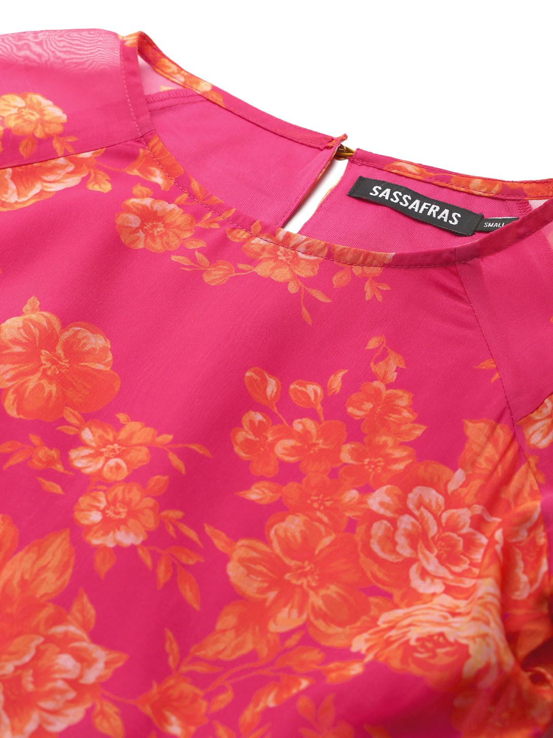 SASSAFRAS Pink & Orange Floral Printed Tiered A-Line Dress With Puff Sleeves