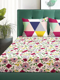 Story@home  Arena White & Purple Floral Printed 180 TC Queen Bedsheet & 2 Pillow Covers