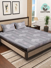 KLOTTHE Grey Printed Pure Cotton 400 TC Fitted Double King Bedsheet With 2 Pillow Covers