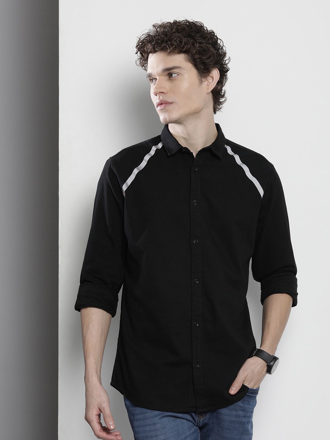 The Indian Garage Co Men Black Casual Shirt with Reflective Strips