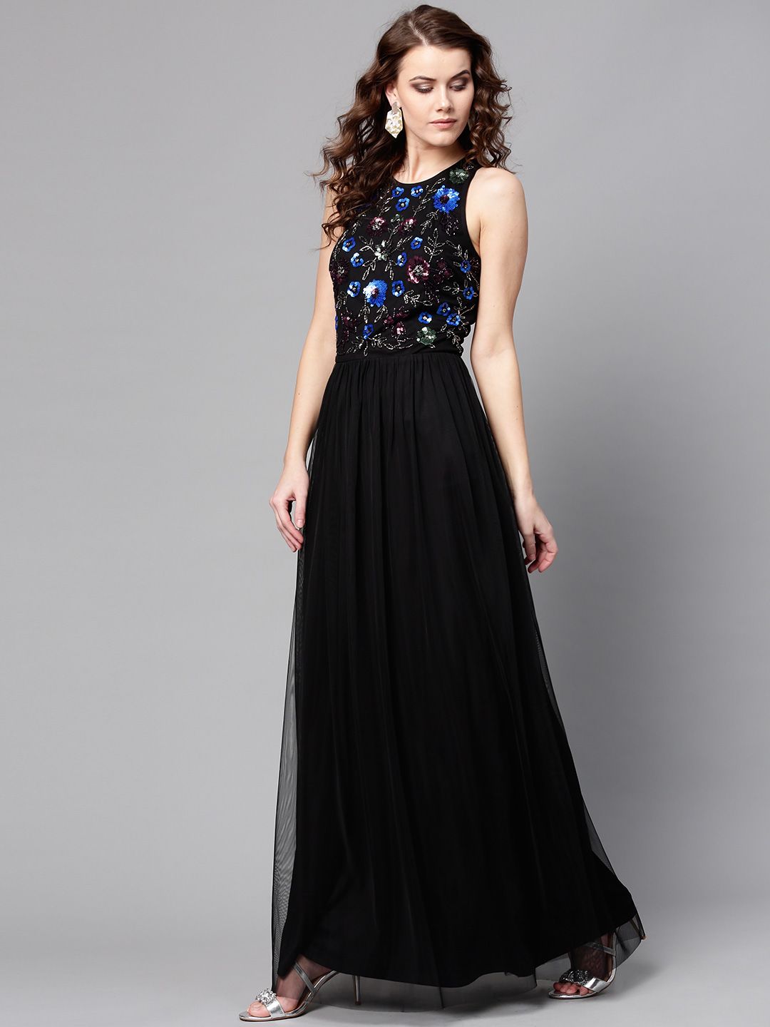 STREET 9 Women Black Net Embellished Detail Maxi Dress