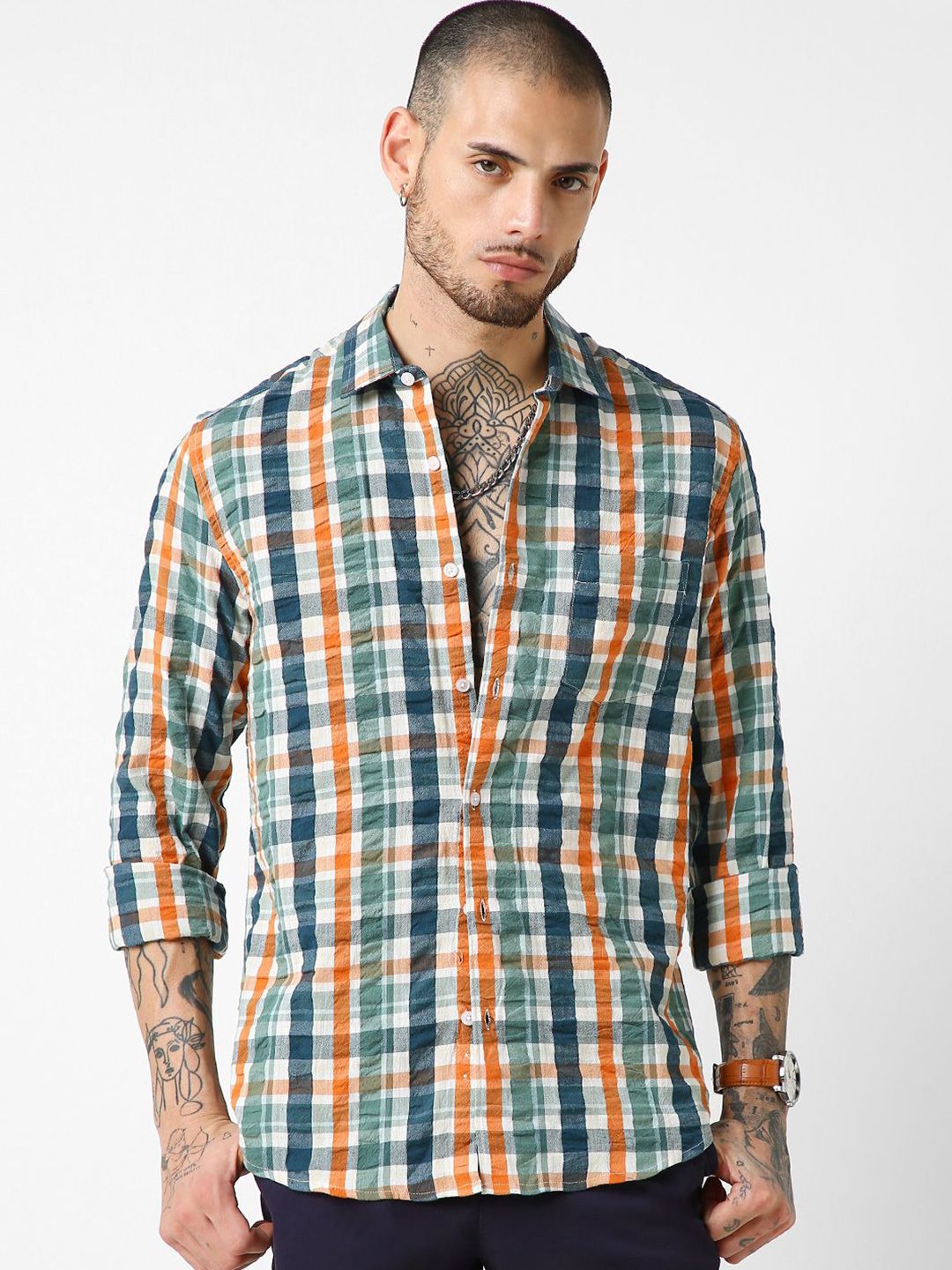 VASTRADO Men Classic Slim Fit Tartan Checks Checked Casual Shirt