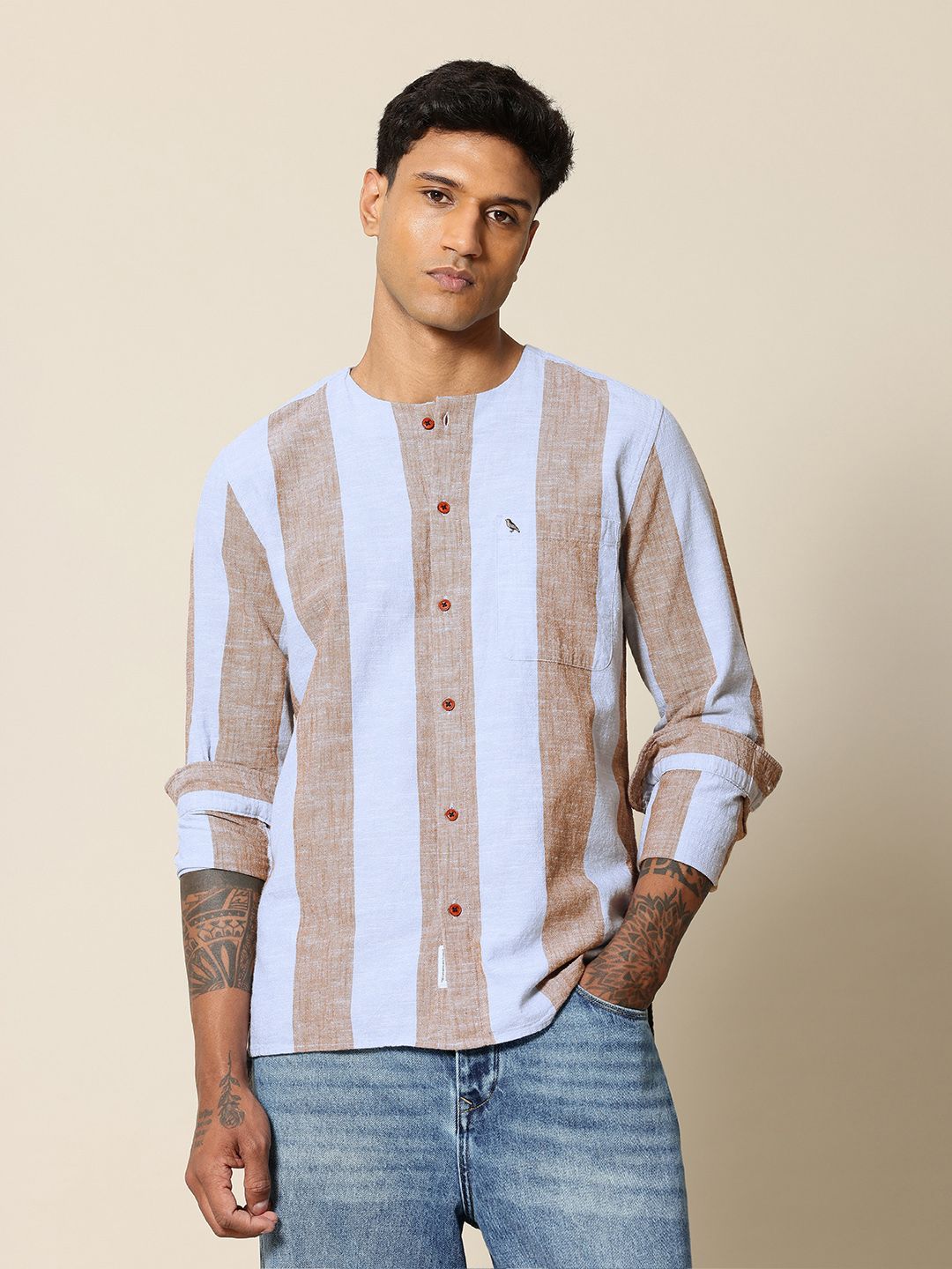 Mr Bowerbird Liberal Fit Self Striped Cotton Linen Casual Shirt