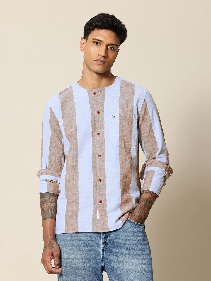 Mr Bowerbird Liberal Fit Self Striped Cotton Linen Casual Shirt