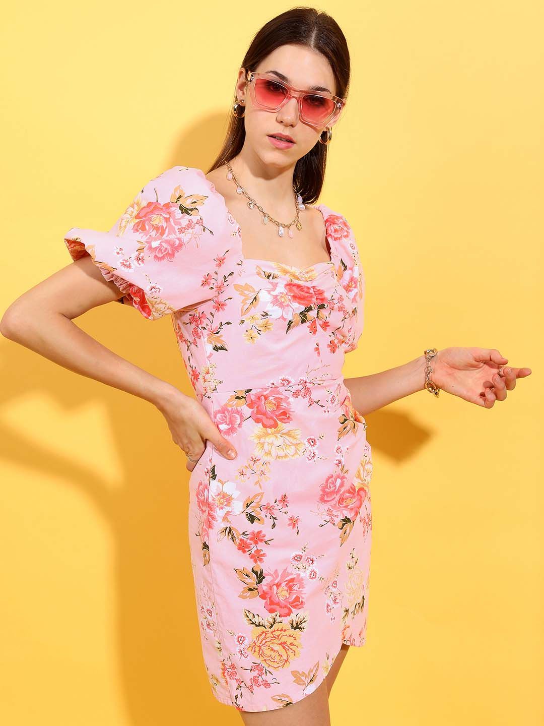 Tokyo Talkies Pink Floral Printed Puff Sleeves Ruched Cotton Sheath Dress