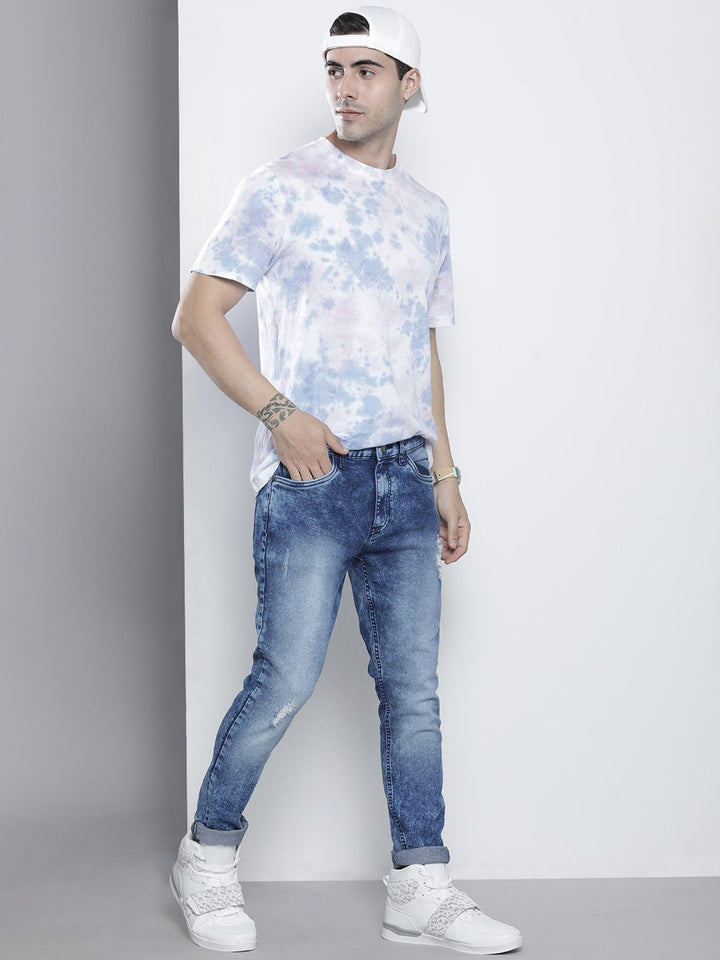 The Indian Garage Co Men Blue Slim Fit Low Distress Light Fade Acid Wash Stretchable Jeans