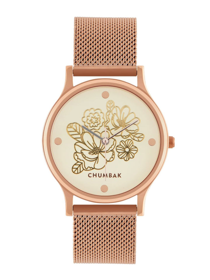 Teal oleh Chumbak Women White Brass Dail Dial & Rose Watch Analogi berlapis Emas