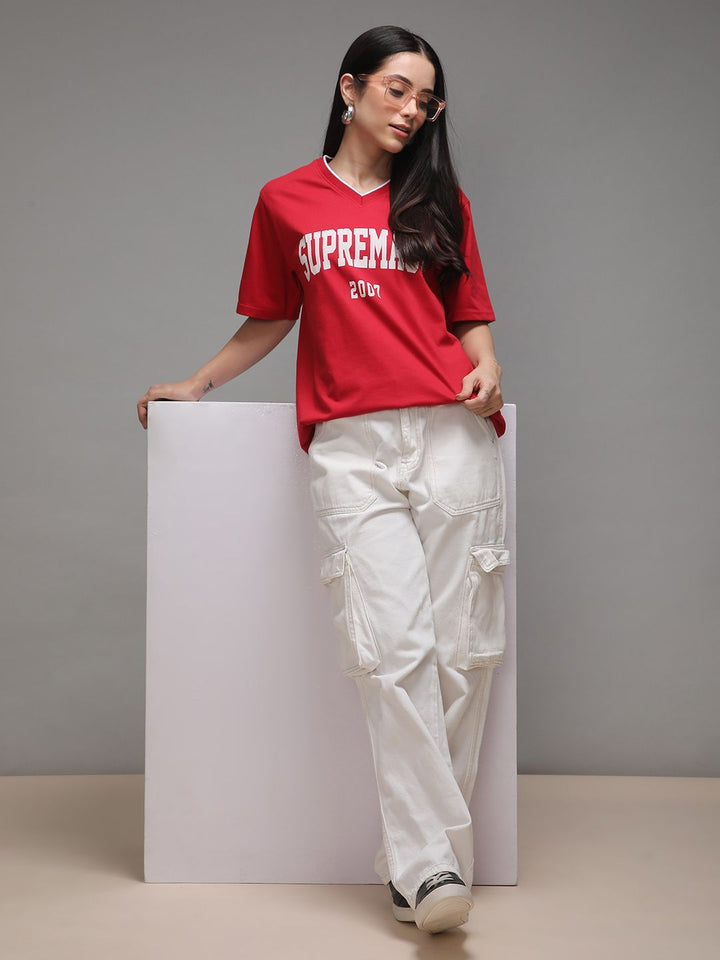 DILLINGER Women Short Sleeve Oversized V-Neck Printed Tshirt