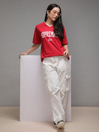 DILLINGER Women Short Sleeve Oversized V-Neck Printed Tshirt