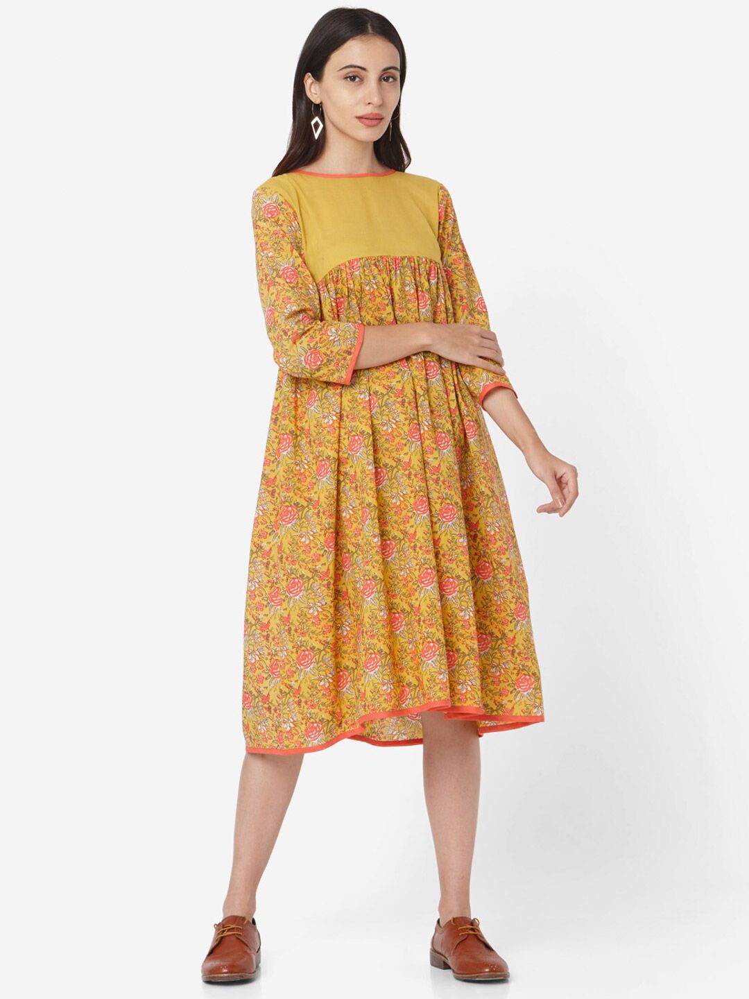KALINI Floral Printed Three-Quarter Sleeves Cotton A-Line Dress