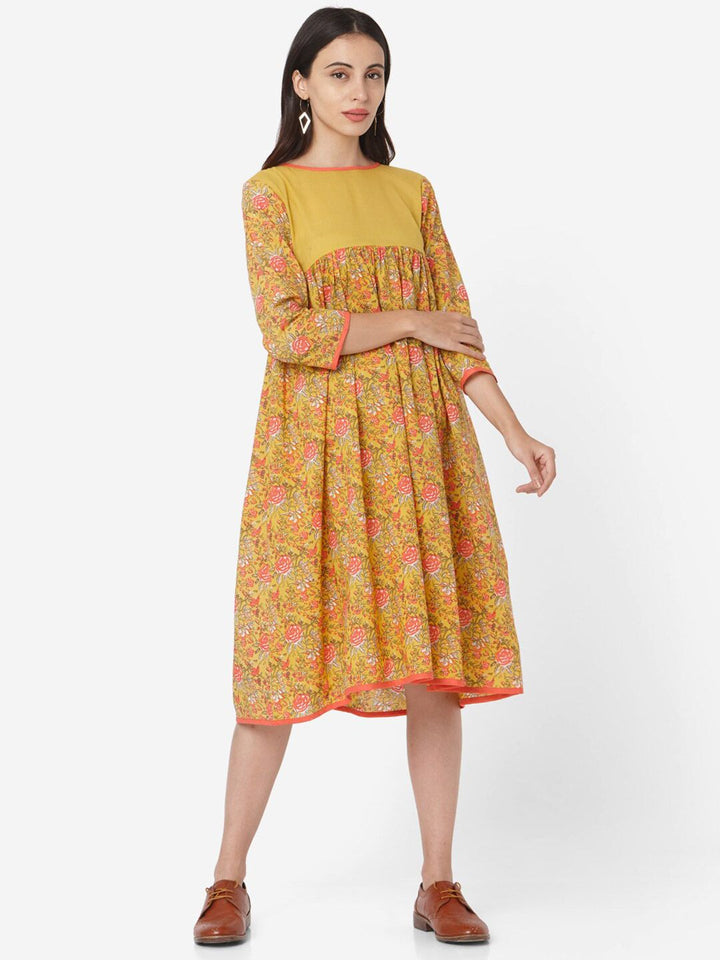 KALINI Floral Printed Three-Quarter Sleeves Cotton A-Line Dress