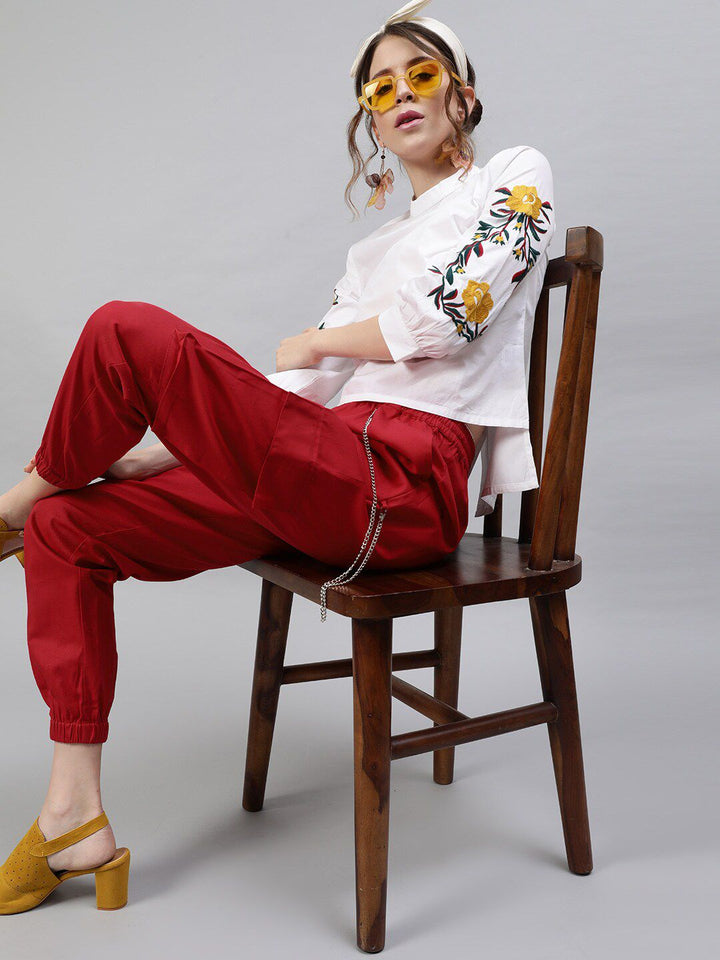 STREET 9 Women Pure Cotton Red Twill Cargo With Chain