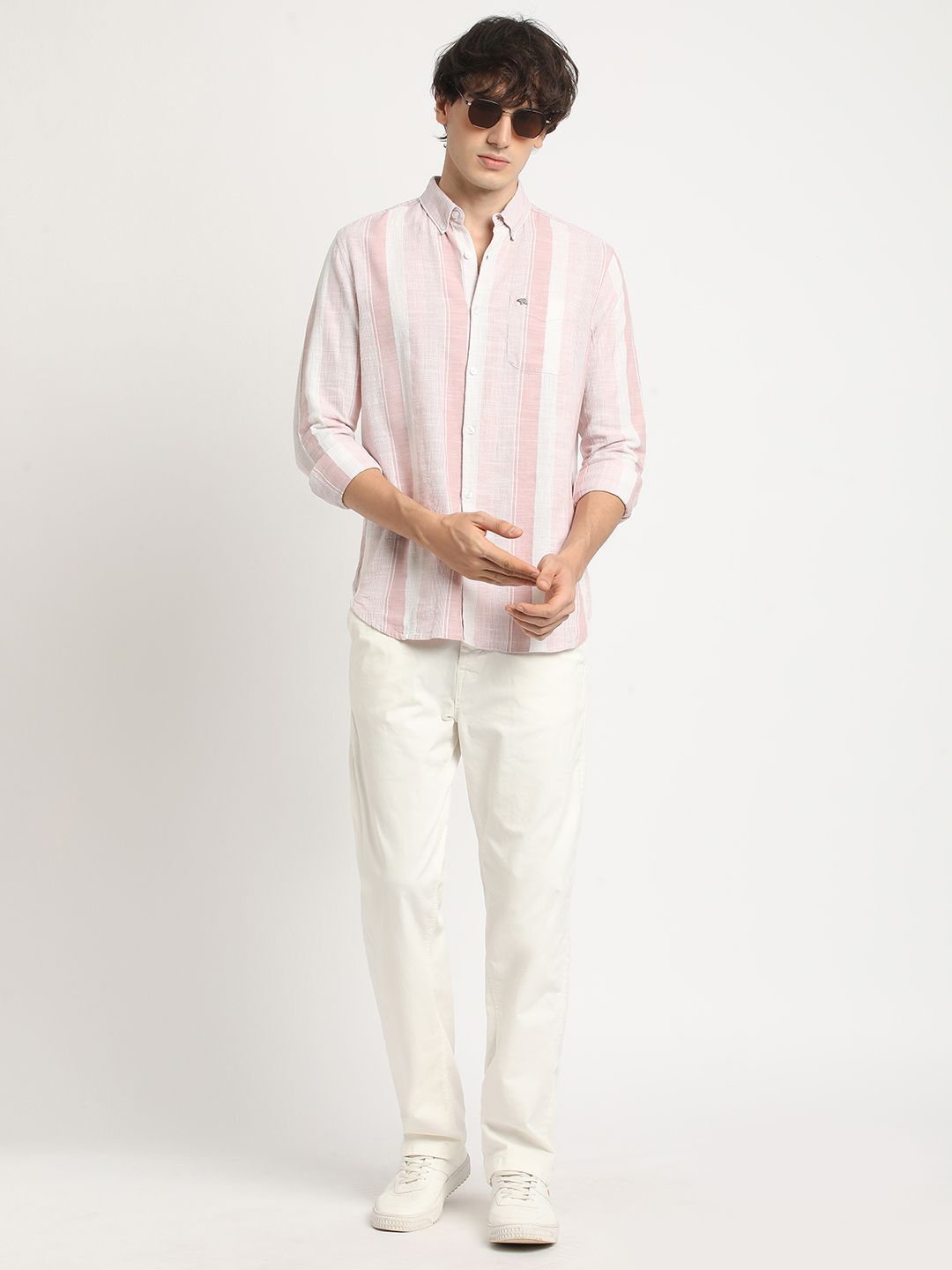 THE BEAR HOUSE Men Striped Slim Fit Casual Shirt with Button-Down Collar and Long Sleeves