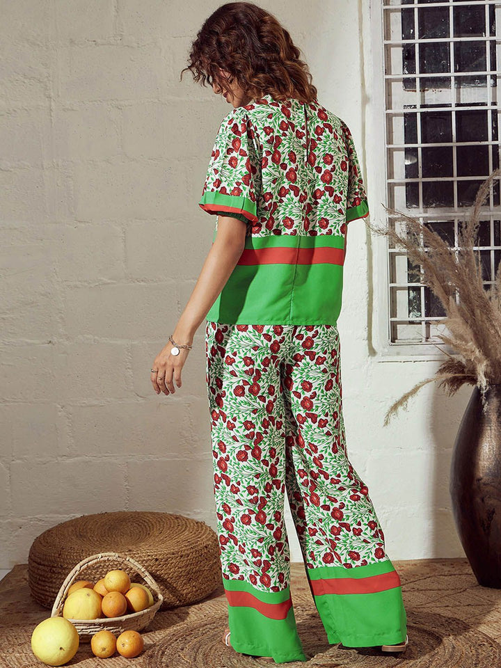 SASSAFRAS Green Floral Printed Round Neck Top With Trousers