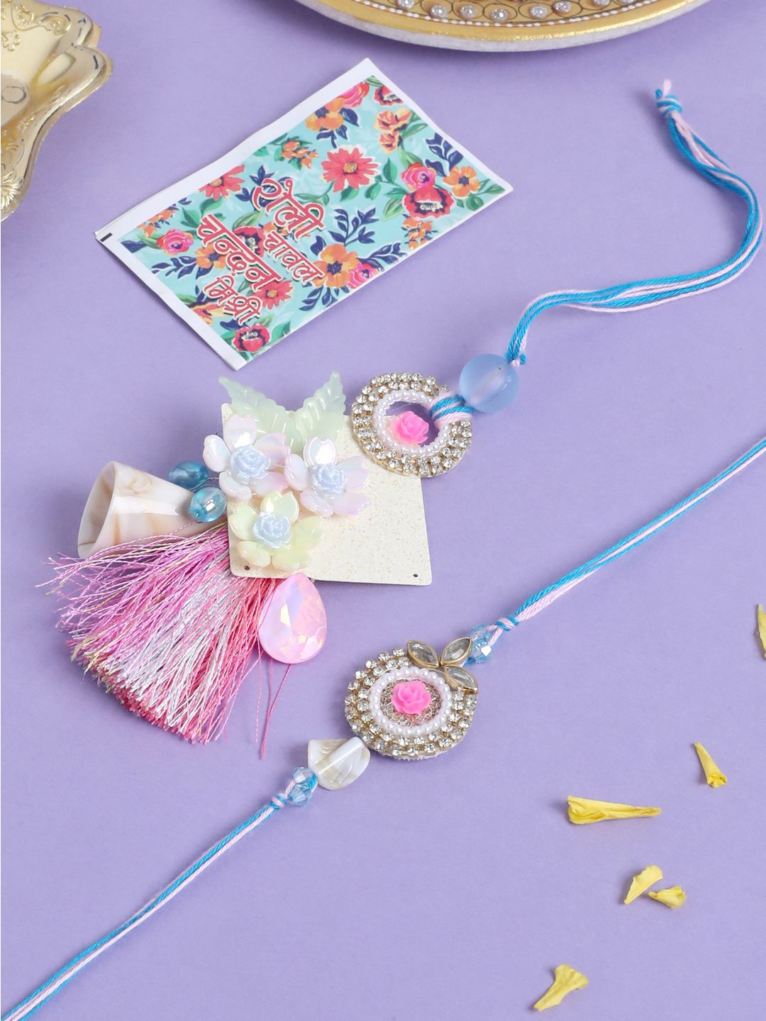 NVR Set of 2 Artificial Stones & Beads Floral Design Bhaiya Bhabhi Rakhi with Roli Chawal