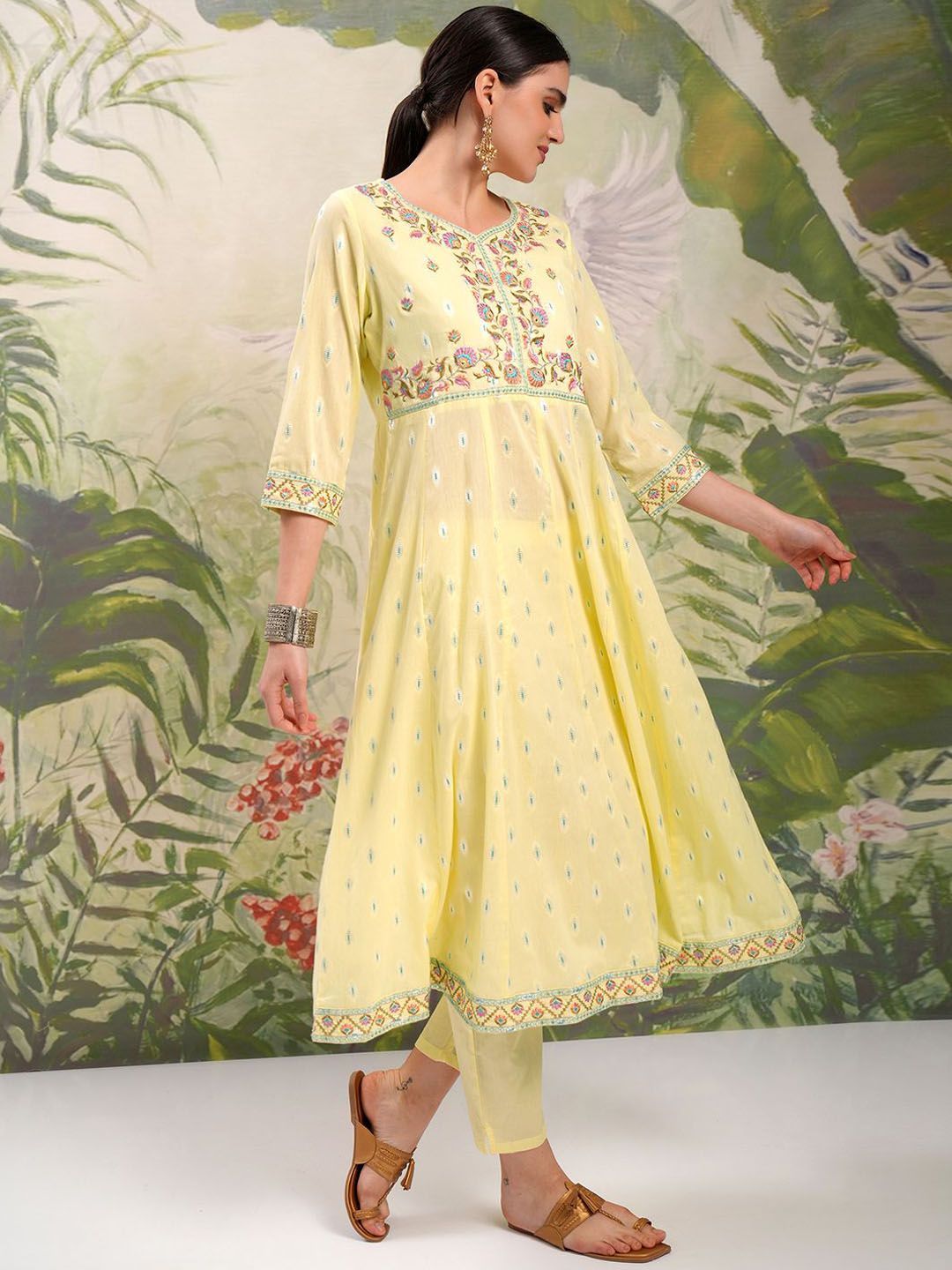Vishudh Yellow Embroidered Mirror Work Pure Cotton Anarkali Kurta With Trousers & Dupatta