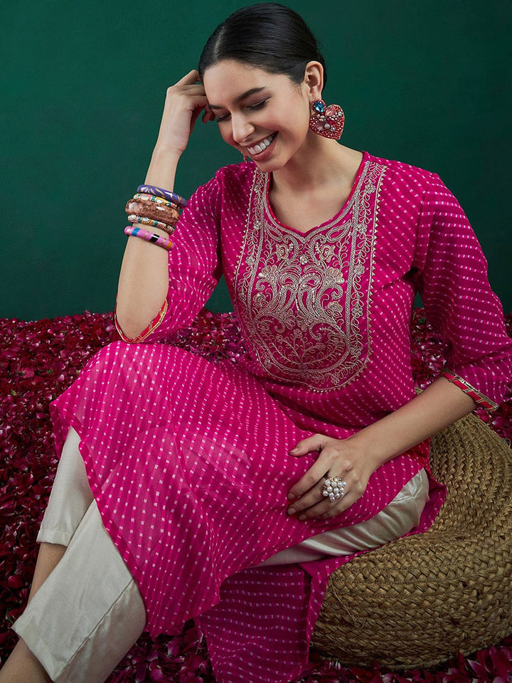 Indo Era Leheriya Printed Thread Work Straight Kurta