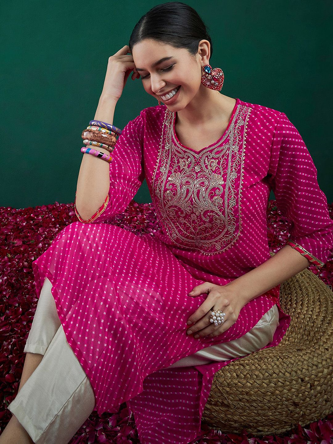 Indo Era Leheriya Printed Thread Work Straight Kurta