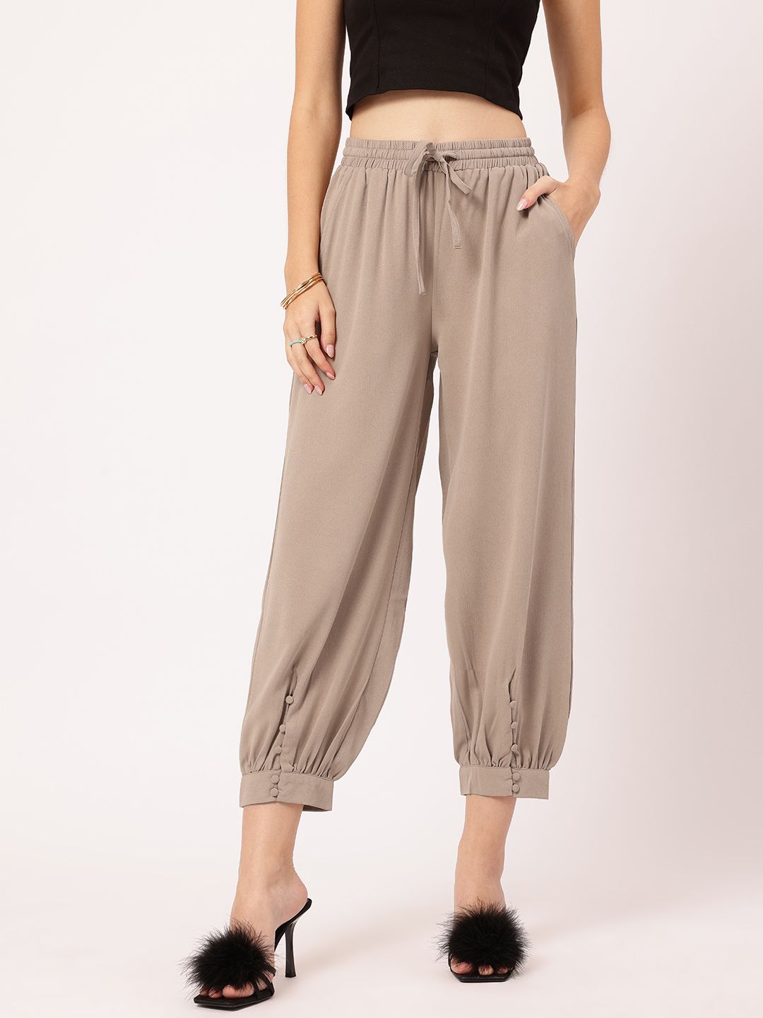 DressBerry Women Street Style Staple Buttoned-Cuffs Crop Trousers