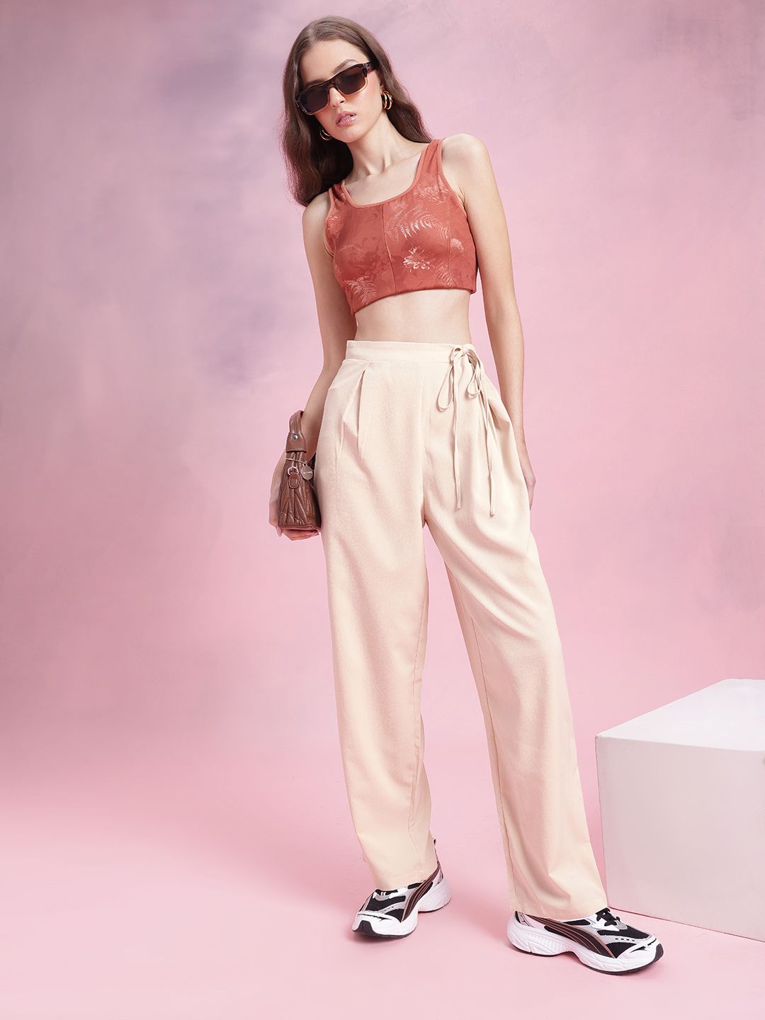 DressBerry Women Soft & Sleek Pleated Waist Tie-Up  Loose Fit Trousers