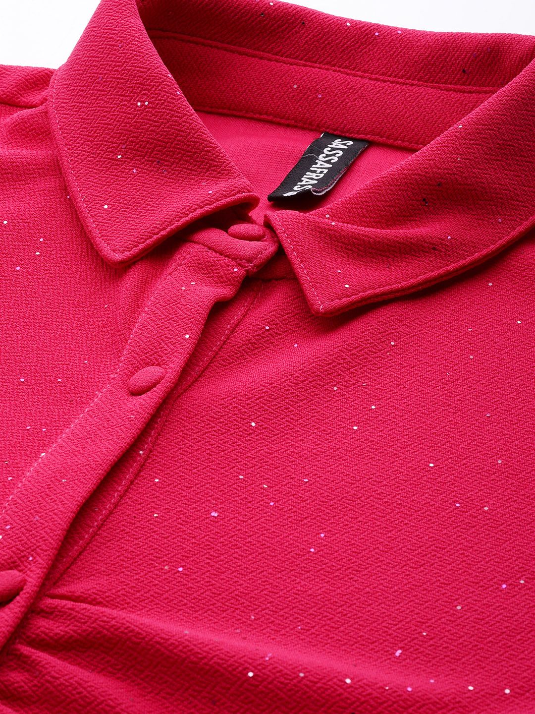 SASSAFRAS Women Fuchsia Pink Shimmer Fitted Ruched Shirt