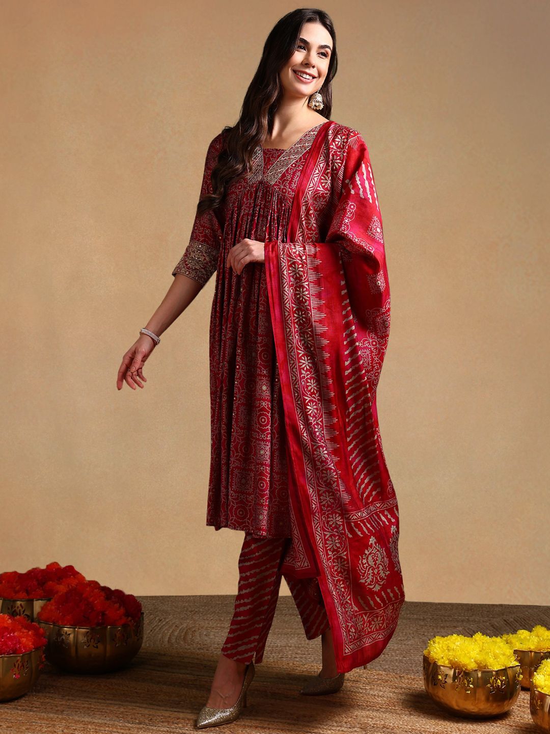 KALINI Ethnic Motifs Printed Zari Empire Anarkali Kurta with Trousers & With Dupatta