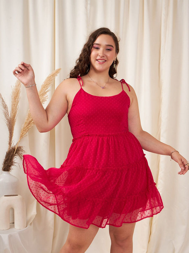 Berrylush Curve Plus Size Pink Self Design Shoulder Sraps Tiered Smocked Fit & Flare Dress